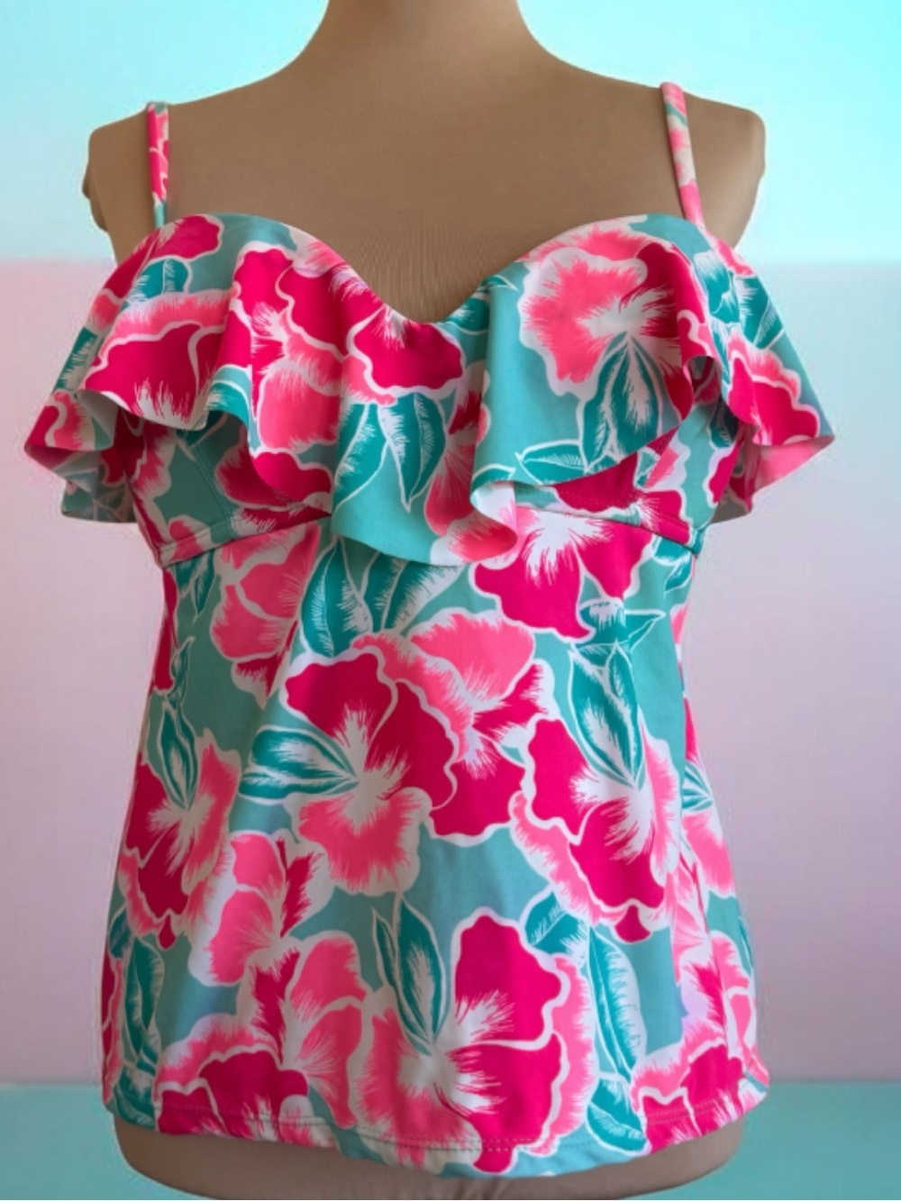 Collections by Catalina Floral Ruffle Swim Tank Top Pink & Teal Size L 12-14